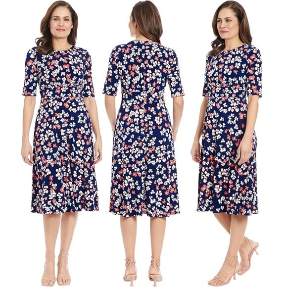 Elegant London Times Navy Floral Midi Dress - Perfect for Any Occasion - Picture 1 of 2